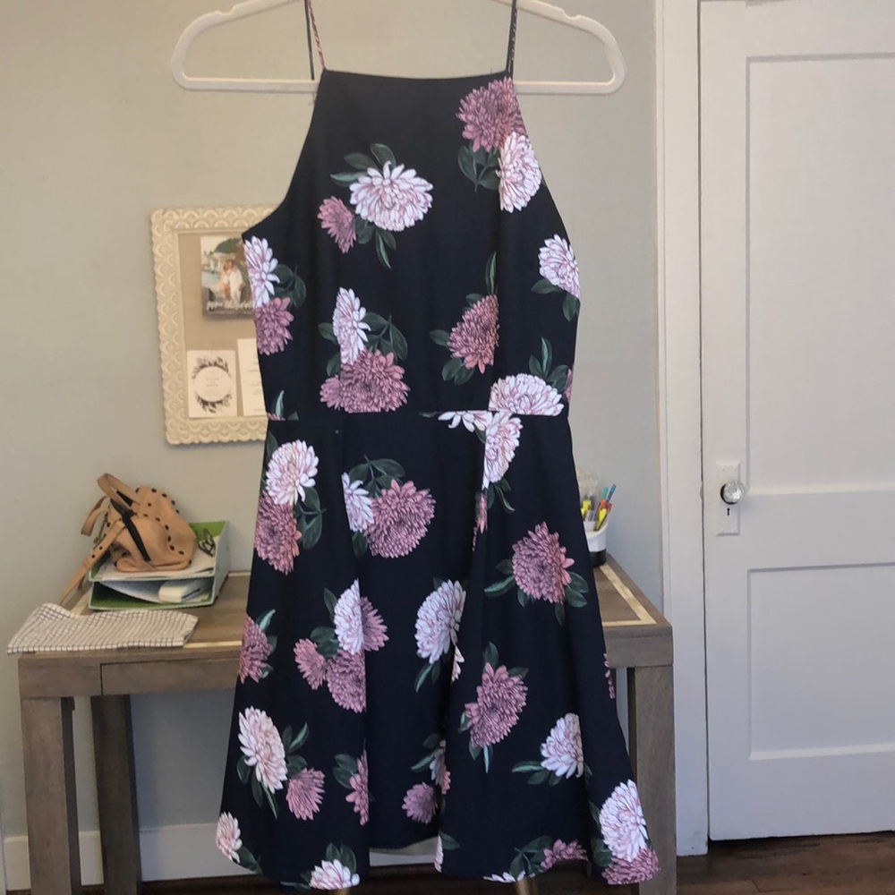 Navy high neck floral dress